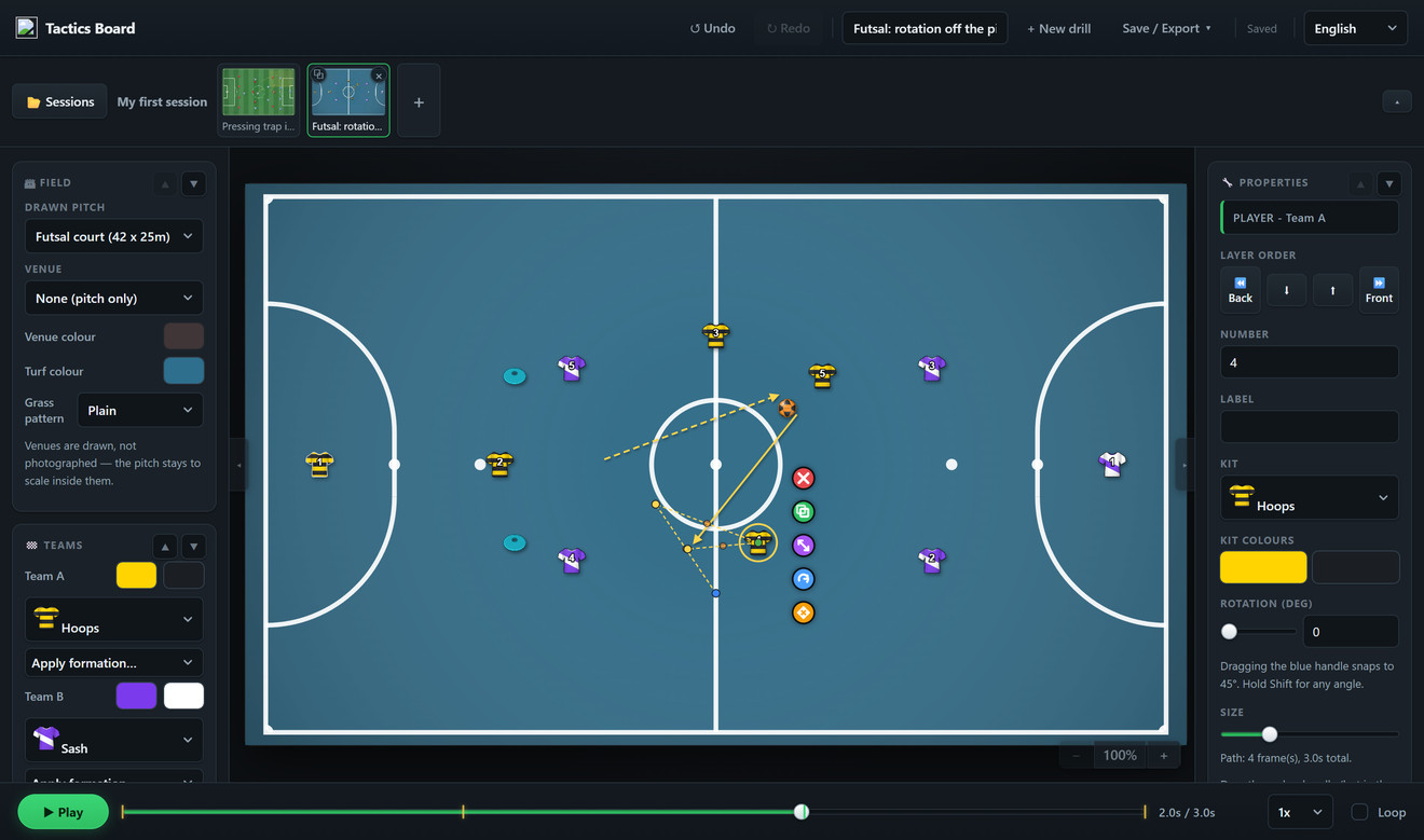 The app with a drill open, a player selected showing their run, and four frames along the timeline.